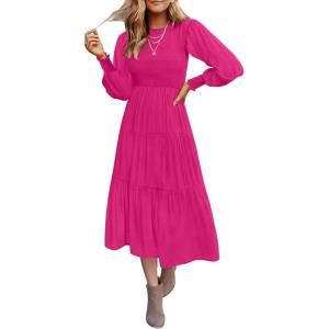 imageZESICA Womens Casual Long Sleeve Crew Neck High Waist Smocked Flowy Tiered Midi DressRose