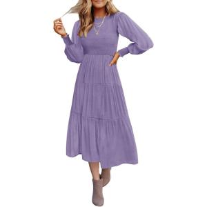 imageZESICA Womens Casual Long Sleeve Crew Neck High Waist Smocked Flowy Tiered Midi DressViolet