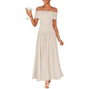 imageZESICA Womens Off The Shoulder Maxi Dress 2025 Summer Sleeveless Casual Slim Swing Pleated Formal Party DressesApricot