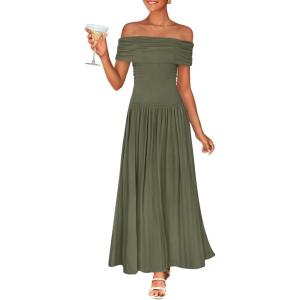 imageZESICA Womens Off The Shoulder Maxi Dress 2025 Summer Sleeveless Casual Slim Swing Pleated Formal Party DressesArmy Green
