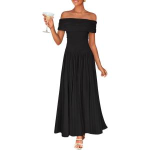 imageZESICA Womens Off The Shoulder Maxi Dress 2025 Summer Sleeveless Casual Slim Swing Pleated Formal Party DressesBlack