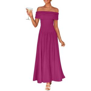 imageZESICA Womens Off The Shoulder Maxi Dress 2025 Summer Sleeveless Casual Slim Swing Pleated Formal Party DressesDragon Fruit