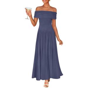 imageZESICA Womens Off The Shoulder Maxi Dress 2025 Summer Sleeveless Casual Slim Swing Pleated Formal Party DressesDusty Blue