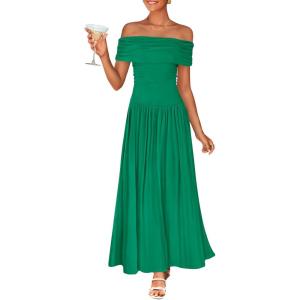 imageZESICA Womens Off The Shoulder Maxi Dress 2025 Summer Sleeveless Casual Slim Swing Pleated Formal Party DressesGreen