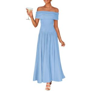 imageZESICA Womens Off The Shoulder Maxi Dress 2025 Summer Sleeveless Casual Slim Swing Pleated Formal Party DressesLight Blue