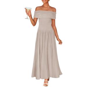 imageZESICA Womens Off The Shoulder Maxi Dress 2025 Summer Sleeveless Casual Slim Swing Pleated Formal Party DressesLight Khaki