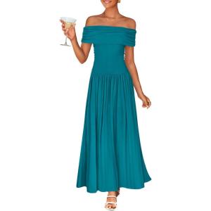 imageZESICA Womens Off The Shoulder Maxi Dress 2025 Summer Sleeveless Casual Slim Swing Pleated Formal Party DressesPeacock Blue