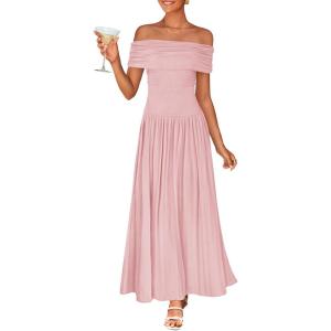 imageZESICA Womens Off The Shoulder Maxi Dress 2025 Summer Sleeveless Casual Slim Swing Pleated Formal Party DressesPink
