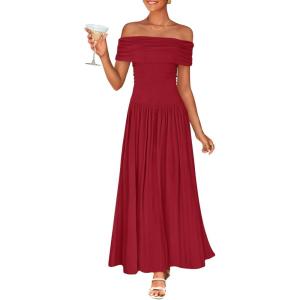 imageZESICA Womens Off The Shoulder Maxi Dress 2025 Summer Sleeveless Casual Slim Swing Pleated Formal Party DressesRed