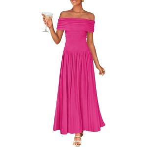imageZESICA Womens Off The Shoulder Maxi Dress 2025 Summer Sleeveless Casual Slim Swing Pleated Formal Party DressesRose
