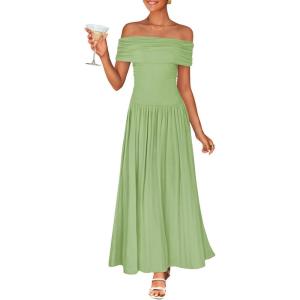 imageZESICA Womens Off The Shoulder Maxi Dress 2025 Summer Sleeveless Casual Slim Swing Pleated Formal Party DressesSage
