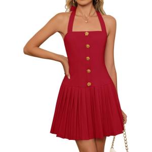 imageZESICA Womens Summer Sleeveless Mini Dress 2025 Halter Neck Backless A Line Swing Pleated Short Party DressesRed