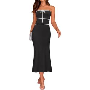 imageZESICA Womens Summer Strapless Bodycon Midi Dress 2025 Off Shoulder Ribbed Knit Cocktail Party Long DressesBlack