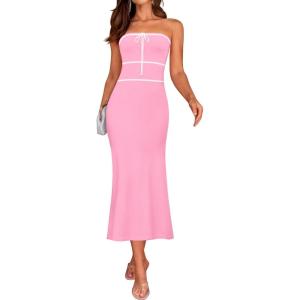 imageZESICA Womens Summer Strapless Bodycon Midi Dress 2025 Off Shoulder Ribbed Knit Cocktail Party Long DressesPink