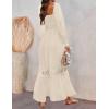 imageZESICA Womens 2025 Boho Long Sleeve Square Neck Smocked High Waist Flowy A Line Lace Trim Maxi DressApricot