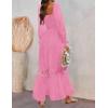 imageZESICA Womens 2025 Boho Long Sleeve Square Neck Smocked High Waist Flowy A Line Lace Trim Maxi DressHot Pink