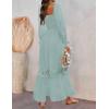 imageZESICA Womens 2025 Boho Long Sleeve Square Neck Smocked High Waist Flowy A Line Lace Trim Maxi DressLight Green
