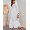 imageZESICA Womens 2025 Boho Long Sleeve Square Neck Smocked High Waist Flowy A Line Lace Trim Maxi DressWhite