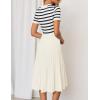 imageZESICA Womens 2025 Casual Striped Midi Dress Crewneck Short Sleeve Button Ribbed Knit Swing Pleated A Line DressesBeige