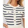 imageZESICA Womens 2025 Casual Striped Midi Dress Crewneck Short Sleeve Button Ribbed Knit Swing Pleated A Line DressesBeige