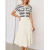 imageZESICA Womens 2025 Casual Striped Midi Dress Crewneck Short Sleeve Button Ribbed Knit Swing Pleated A Line DressesBeige