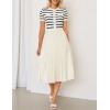 imageZESICA Womens 2025 Casual Striped Midi Dress Crewneck Short Sleeve Button Ribbed Knit Swing Pleated A Line DressesBeige
