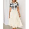 imageZESICA Womens 2025 Casual Striped Midi Dress Crewneck Short Sleeve Button Ribbed Knit Swing Pleated A Line DressesBeige