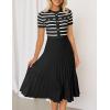 imageZESICA Womens 2025 Casual Striped Midi Dress Crewneck Short Sleeve Button Ribbed Knit Swing Pleated A Line DressesBlack
