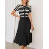 imageZESICA Womens 2025 Casual Striped Midi Dress Crewneck Short Sleeve Button Ribbed Knit Swing Pleated A Line DressesBlack