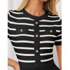 imageZESICA Womens 2025 Casual Striped Midi Dress Crewneck Short Sleeve Button Ribbed Knit Swing Pleated A Line DressesBlack