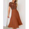 imageZESICA Womens 2025 Casual Striped Midi Dress Crewneck Short Sleeve Button Ribbed Knit Swing Pleated A Line DressesCaramel