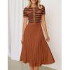 imageZESICA Womens 2025 Casual Striped Midi Dress Crewneck Short Sleeve Button Ribbed Knit Swing Pleated A Line DressesCaramel