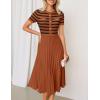 imageZESICA Womens 2025 Casual Striped Midi Dress Crewneck Short Sleeve Button Ribbed Knit Swing Pleated A Line DressesCaramel