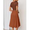 imageZESICA Womens 2025 Casual Striped Midi Dress Crewneck Short Sleeve Button Ribbed Knit Swing Pleated A Line DressesCaramel