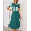 imageZESICA Womens 2025 Casual Striped Midi Dress Crewneck Short Sleeve Button Ribbed Knit Swing Pleated A Line DressesDarkgreen