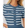 imageZESICA Womens 2025 Casual Striped Midi Dress Crewneck Short Sleeve Button Ribbed Knit Swing Pleated A Line DressesDusty Blue