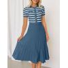 imageZESICA Womens 2025 Casual Striped Midi Dress Crewneck Short Sleeve Button Ribbed Knit Swing Pleated A Line DressesDusty Blue
