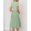 imageZESICA Womens 2025 Casual Striped Midi Dress Crewneck Short Sleeve Button Ribbed Knit Swing Pleated A Line DressesLight Green
