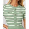 imageZESICA Womens 2025 Casual Striped Midi Dress Crewneck Short Sleeve Button Ribbed Knit Swing Pleated A Line DressesLight Green