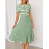imageZESICA Womens 2025 Casual Striped Midi Dress Crewneck Short Sleeve Button Ribbed Knit Swing Pleated A Line DressesLight Green