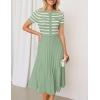 imageZESICA Womens 2025 Casual Striped Midi Dress Crewneck Short Sleeve Button Ribbed Knit Swing Pleated A Line DressesLight Green