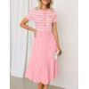 imageZESICA Womens 2025 Casual Striped Midi Dress Crewneck Short Sleeve Button Ribbed Knit Swing Pleated A Line DressesPink