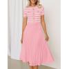 imageZESICA Womens 2025 Casual Striped Midi Dress Crewneck Short Sleeve Button Ribbed Knit Swing Pleated A Line DressesPink