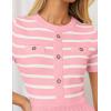 imageZESICA Womens 2025 Casual Striped Midi Dress Crewneck Short Sleeve Button Ribbed Knit Swing Pleated A Line DressesPink