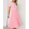 imageZESICA Womens 2025 Casual Striped Midi Dress Crewneck Short Sleeve Button Ribbed Knit Swing Pleated A Line DressesPink