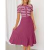 imageZESICA Womens 2025 Casual Striped Midi Dress Crewneck Short Sleeve Button Ribbed Knit Swing Pleated A Line DressesPlum