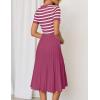 imageZESICA Womens 2025 Casual Striped Midi Dress Crewneck Short Sleeve Button Ribbed Knit Swing Pleated A Line DressesPlum