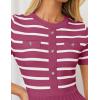 imageZESICA Womens 2025 Casual Striped Midi Dress Crewneck Short Sleeve Button Ribbed Knit Swing Pleated A Line DressesPlum