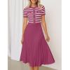 imageZESICA Womens 2025 Casual Striped Midi Dress Crewneck Short Sleeve Button Ribbed Knit Swing Pleated A Line DressesPlum
