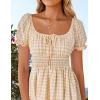 imageZESICA Womens 2025 Summer Puff Short Sleeve Plaid Mini Dress Boho Square Neck Ruffle A Line Swing Short DressesBeige